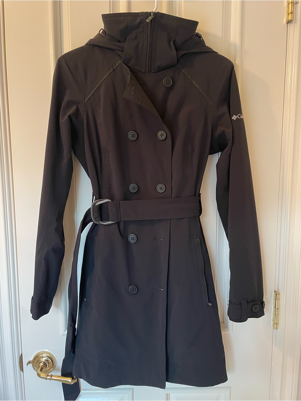 Columbia Women's Black Double-Breasted Hooded Trench Coat with Belt